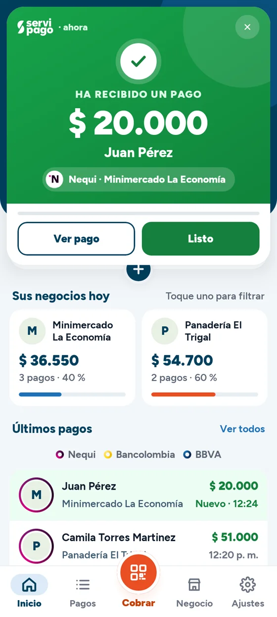 La app de ServiPago con el aviso «Ha recibido un pago» de $ 20.000 de Juan Pérez por Nequi