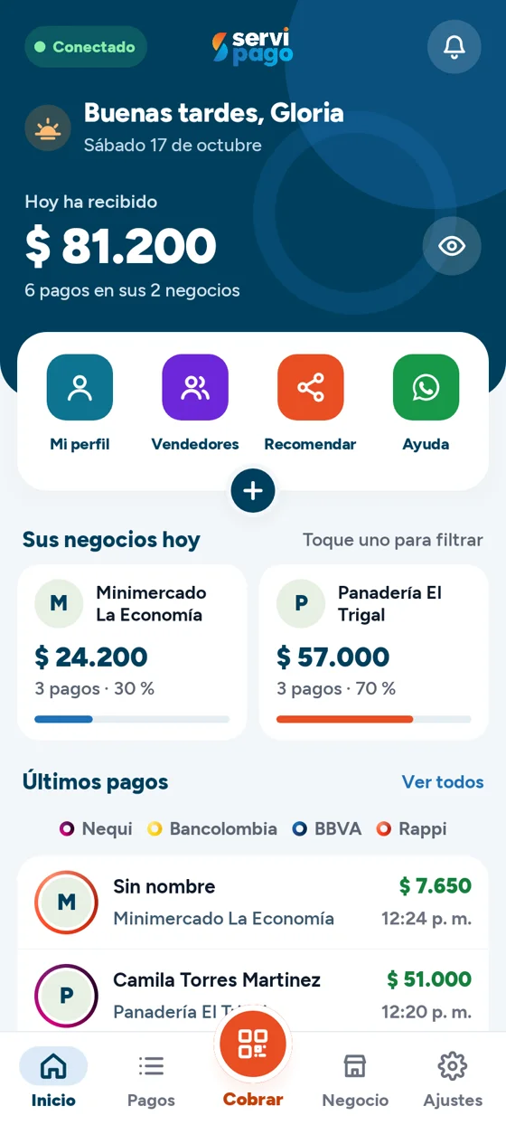 Inicio de la app: lo recibido hoy, los negocios del día y los últimos pagos