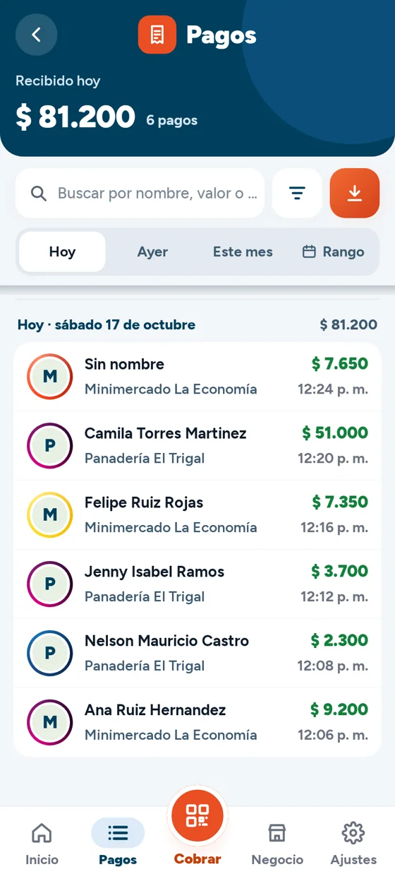 Pagos de la app: búsqueda, filtros, descarga y la lista de pagos de hoy